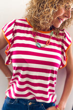 Load image into Gallery viewer, Rose Red Striped Ruffle Sleeve Crew Neck Blouse
