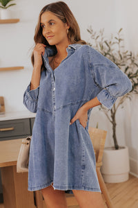 Gray Buttoned Long Sleeve Denim Mini Dress