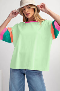 Green Color Block Stitching Sleeve Round Neck Oversize Top