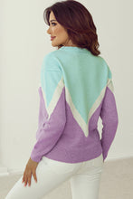 Load image into Gallery viewer, Green Chevron Colorblock Ribbed Knit Drop Shoulder Sweater
