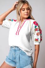 Load image into Gallery viewer, White Floral Embroidered Ricrac Puff Sleeve Textured Blouse
