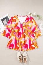 Load image into Gallery viewer, Orange Abstract Print 3/4 Sleeve V Neck Ruffled Babydoll Blouse
