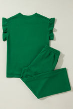 Load image into Gallery viewer, Dark Green Ruffled Sleeve Summer Top and Cropped Loose Pants Set
