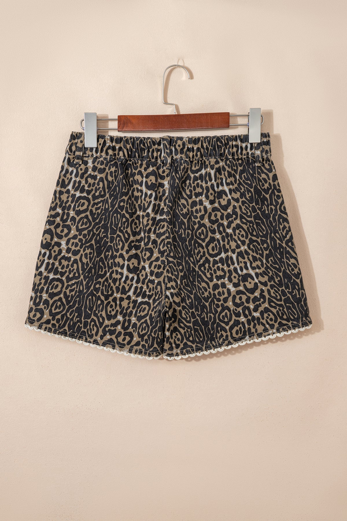 Khaki Contrast Scalloped Lace Trim Leopard Denim Shorts