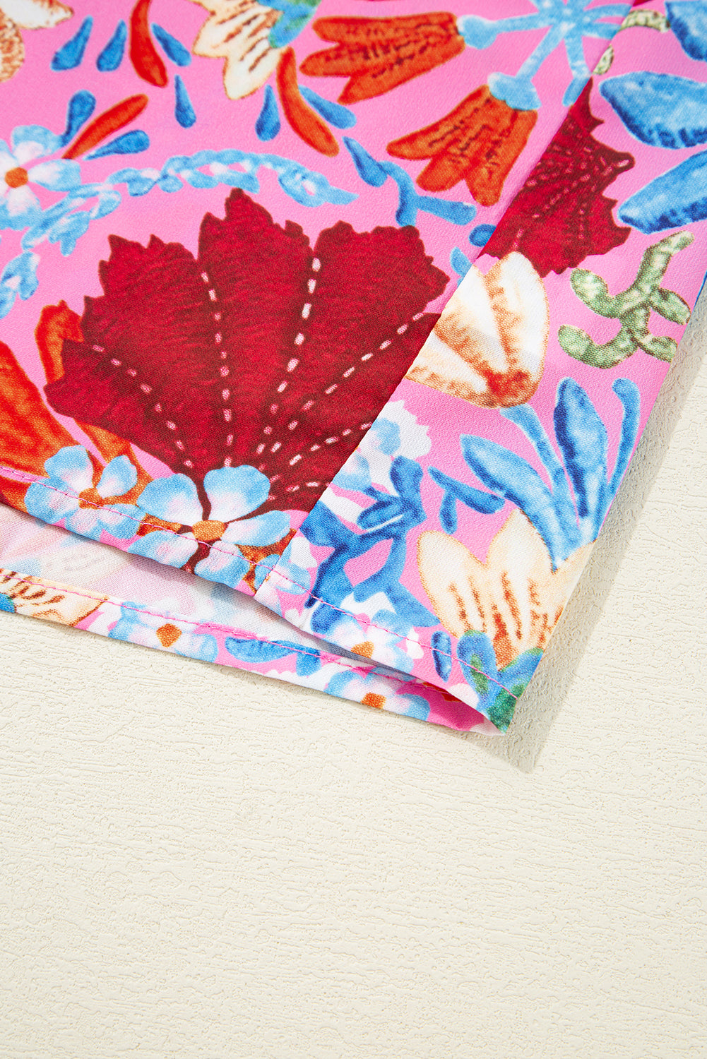 Pink Floral Print Bubble Sleeve Button Up Pleated Shirt