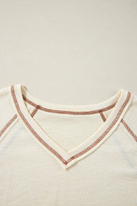 Beige Exposed Seam Textured Knit V Neck Pullover Top