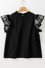 Load image into Gallery viewer, Black Embroidered Ruffled Sleeve Frilled Collar Blouse
