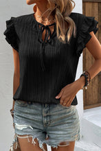 Load image into Gallery viewer, Black Textured Ruffled Sleeve V Neck Top
