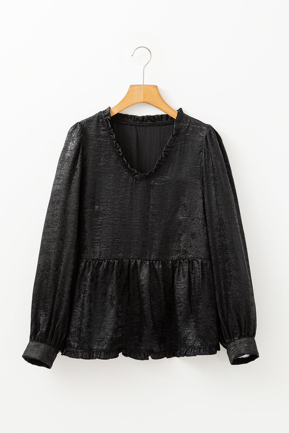 Black Metallic Frilled V Neck Puff Sleeve Babydoll Blouse