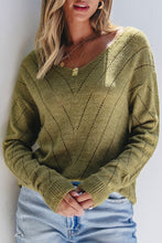 Load image into Gallery viewer, Sage Green Solid Eyelet Drop Shoulder V Neck Sweater
