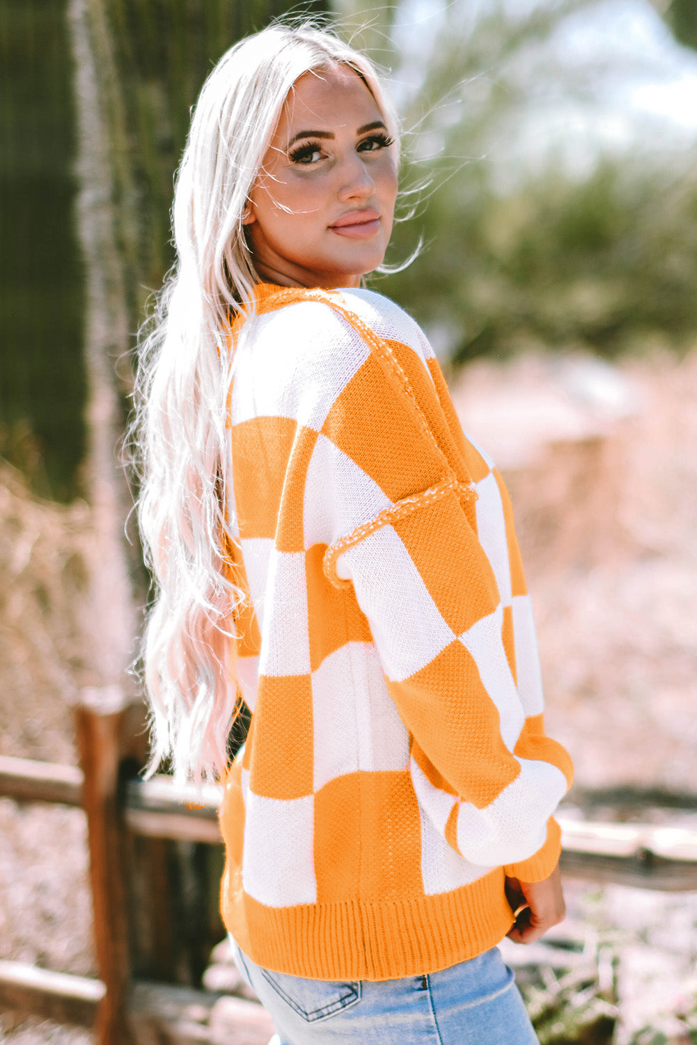 Green Checkered Bishop Sleeve Sweater