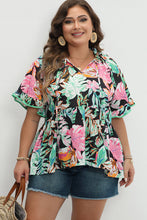 Load image into Gallery viewer, Black Plus Tropical Print Ruffled Sleeve Flowy Blouse
