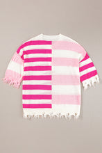 Load image into Gallery viewer, White Stripe Half Button Distressed Patchwork Loose Knit Top
