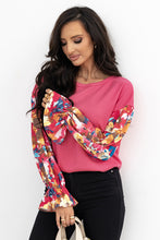 Load image into Gallery viewer, Sachet Pink Flower Patchwork Ruffled Sleeve Ribbed Knit Drop Shoulder Top
