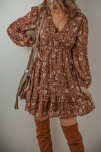 Load image into Gallery viewer, Brown Boho Floral Ruffled Puff Sleeve V Neck Mini Dress
