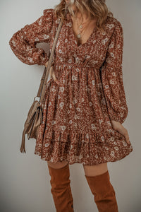 Brown Boho Floral Ruffled Puff Sleeve V Neck Mini Dress