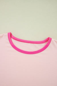 Pink Color Block Stitching Sleeve Round Neck Oversize Top