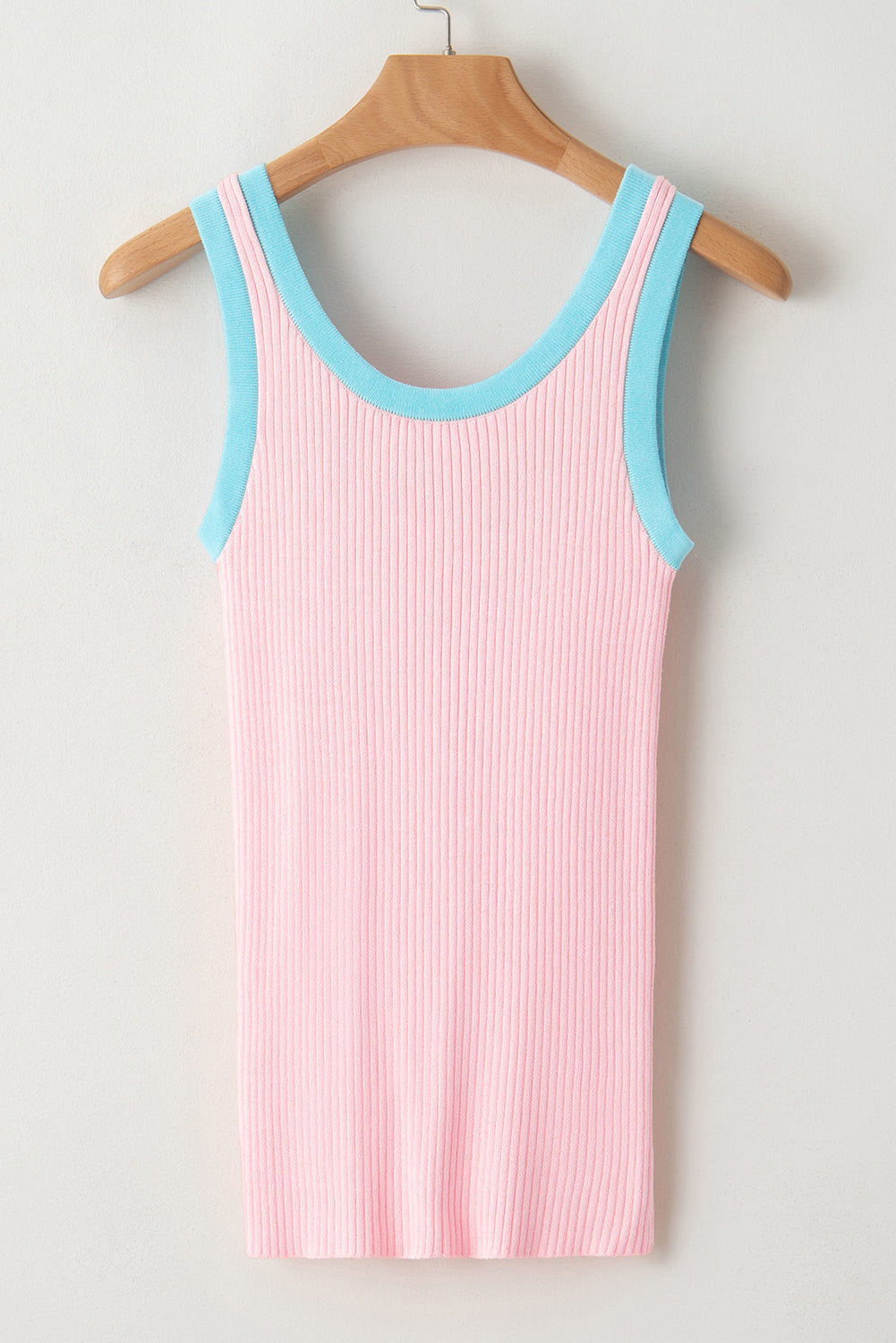 Blue Colorblock Edge Ribbed Knit U Neck Tank Top