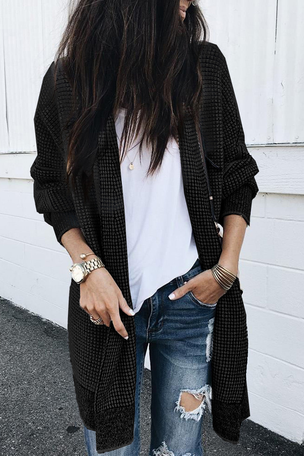 Yellow Plaid Knitted Long Open Front Cardigan