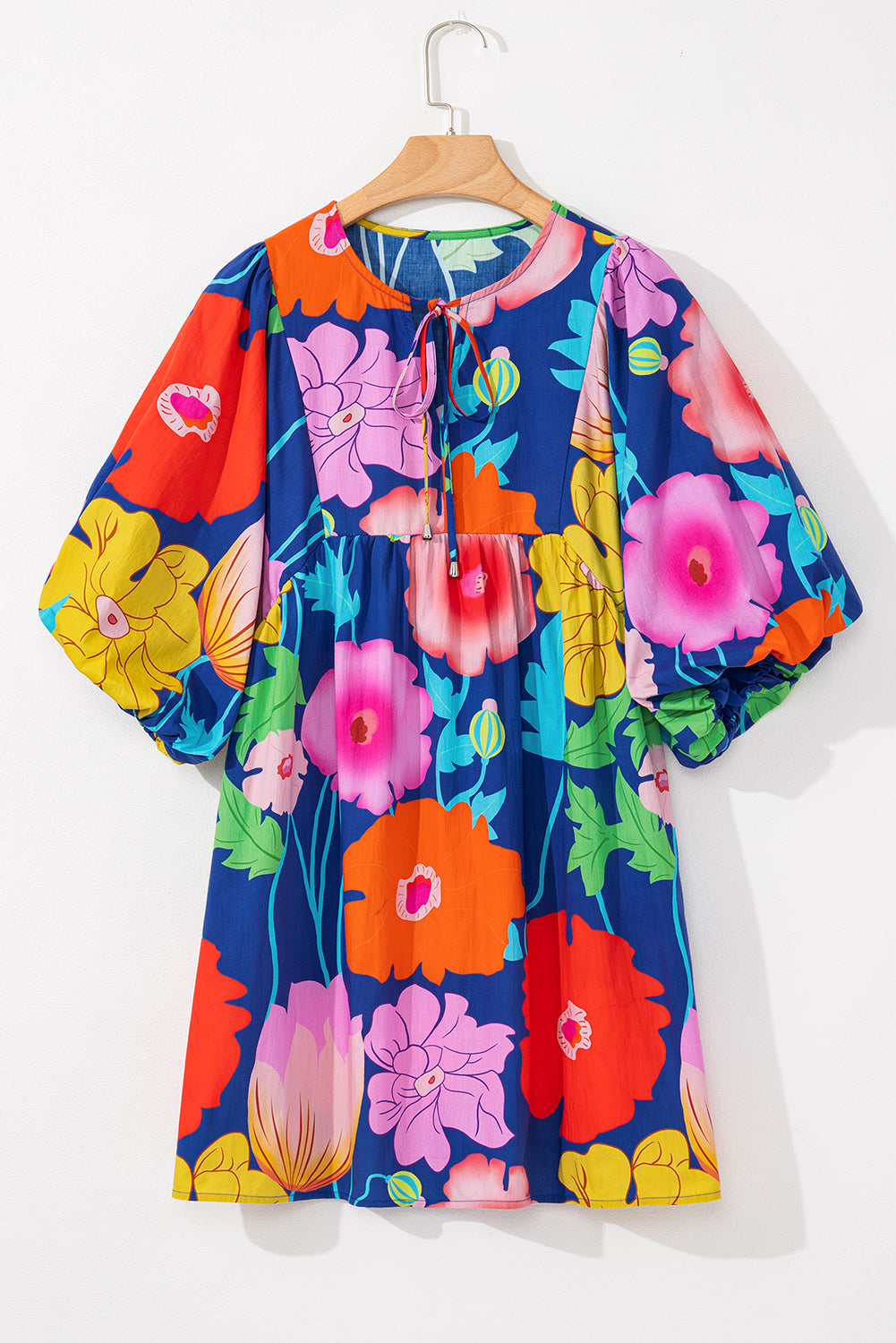 Rose Floral Print Split Neck Babydoll Dress