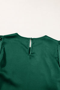 Blackish Green Solid Color Satin Keyhole Back Wide Sleeve Blouse