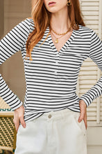 Load image into Gallery viewer, White Stripe Slim Fit Buttoned V Neck Long Sleeve T Shirt
