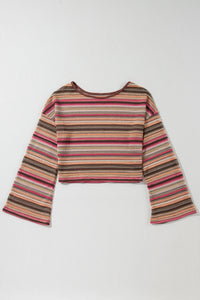 Rose Red Ethnic Striped Wide Cropped Long Sleeve Top