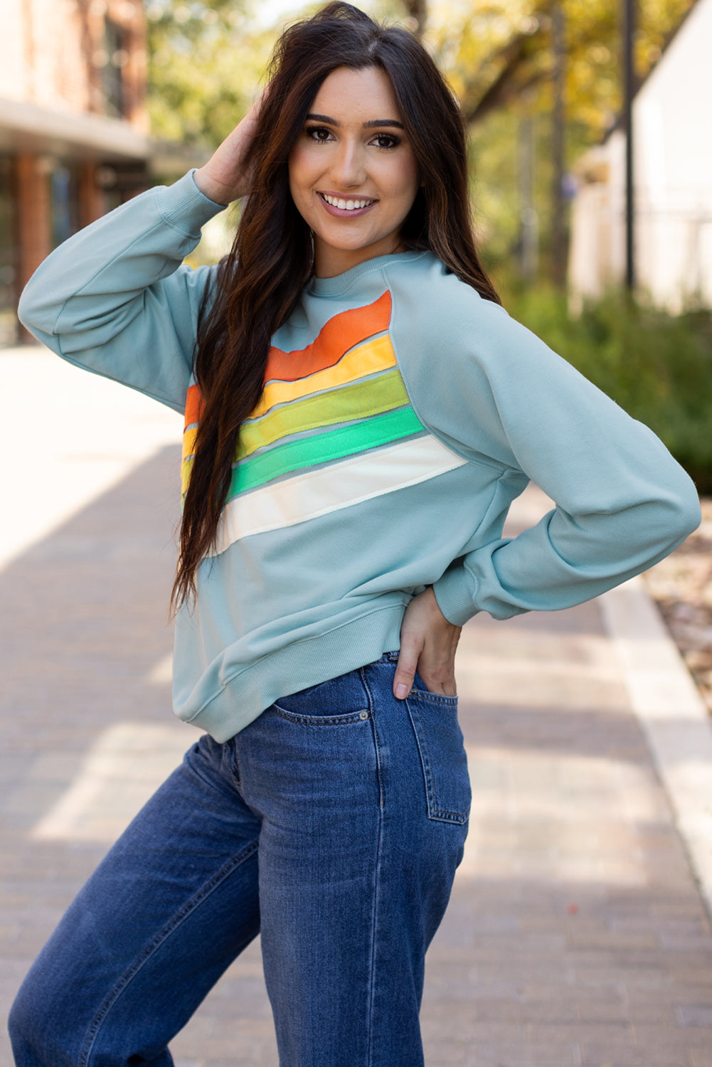 Apricot Rainbow Colorblock Striped Pullover Sweatshirt