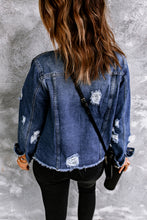 Load image into Gallery viewer, Sky Blue Lapel Distressed Raw Hem Buttons Denim Jacket
