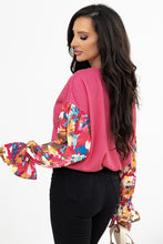 Load image into Gallery viewer, Sachet Pink Flower Patchwork Ruffled Sleeve Ribbed Knit Drop Shoulder Top
