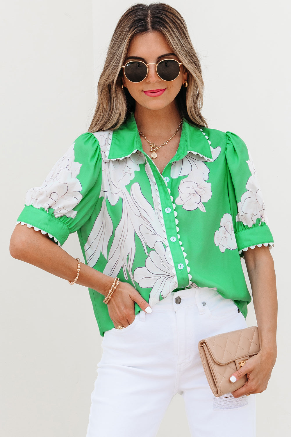 Green Floral Ric Rac Edge Puff Sleeve Button Up Summer Shirt