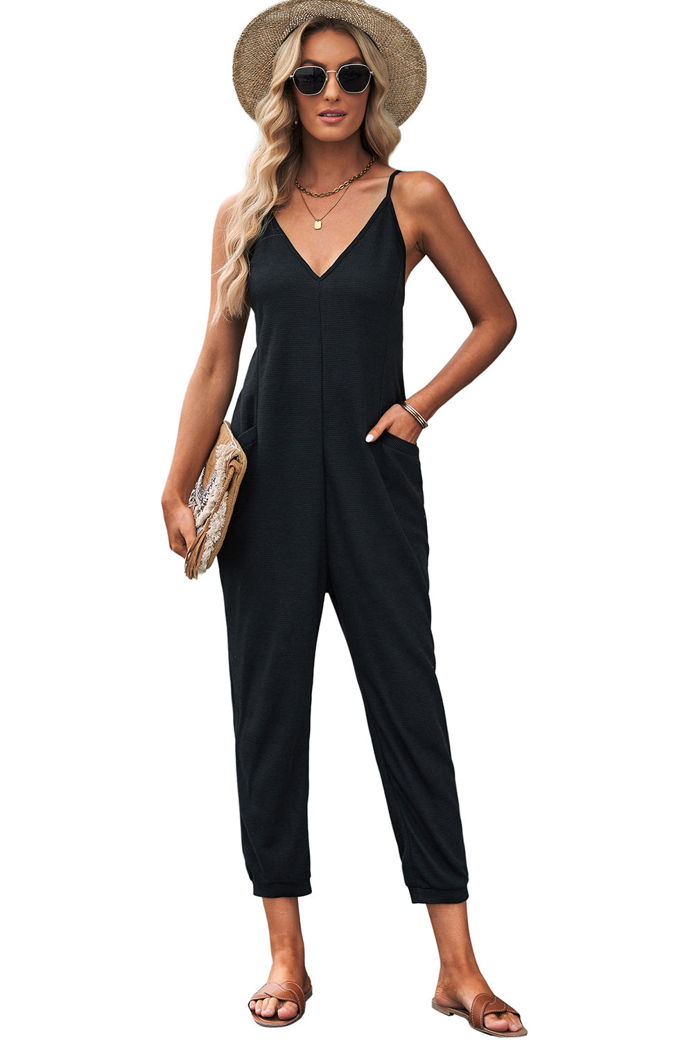 Green Textured Sleeveless V-Neck Pocketed Casual Jumpsuit