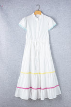 Load image into Gallery viewer, White Colorblock Rickrack Trim Short Sleeve Drawstring Waist Long Dress
