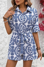 Load image into Gallery viewer, Blue Mandala Printed Short Sleeve Belted Shirt Romper
