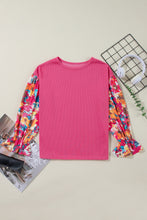 Load image into Gallery viewer, Sachet Pink Flower Patchwork Ruffled Sleeve Ribbed Knit Drop Shoulder Top
