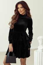 Load image into Gallery viewer, Black Velvet High Neck Tiered Ruffle Mini Dress
