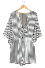 Load image into Gallery viewer, Gray 3/4 Wide Kimono Sleeves Tie Front Striped Romper with Pockets
