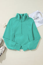 Load image into Gallery viewer, Sea Green Fleece Lined Zip Up Stand Collar Thumbhole Sleeve Sweatshirt
