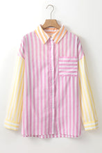 Load image into Gallery viewer, Pink Stripe Contrast Collar Long Sleeve Patchwork Shirt
