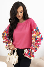 Load image into Gallery viewer, Sachet Pink Flower Patchwork Ruffled Sleeve Ribbed Knit Drop Shoulder Top
