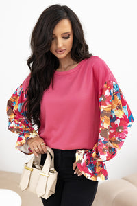 Sachet Pink Flower Patchwork Ruffled Sleeve Ribbed Knit Drop Shoulder Top