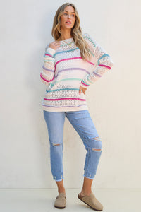 White Striped Hollowed Crochet Loose Fit Sweater