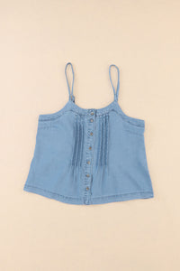 Sky Blue Pleated Buttons Denim Tank Top