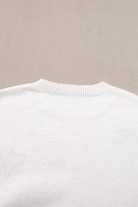 White Flower Pattern Ribbed Edge Elegant Sweater