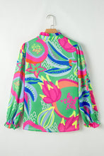 Load image into Gallery viewer, Green Abstract Print Ruffled Sleeve Buttoned V Neck Blouse
