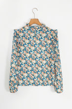 Load image into Gallery viewer, Sky Blue Floral Print Frilled Mock Neck Puff Sleeve Blouse
