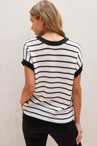 Black Stripe Loose Knit Short Sleeve Sweater