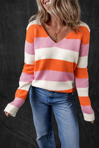 Orange Stripe Colorblock V Neck Casual Sweater