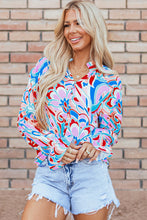 Load image into Gallery viewer, Pink Abstract Print Frilly Neck Ruffled Sleeve Blouse
