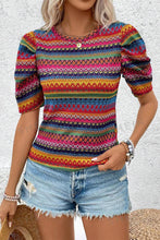 Load image into Gallery viewer, Rose Red Multicolor Jacquard Geo Patterned Puff Sleeve T Shirt
